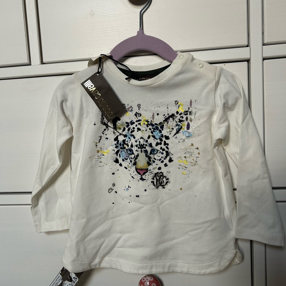 Roberto Cavalli White and Black Long Sleeve Tees with Intricate Detailing